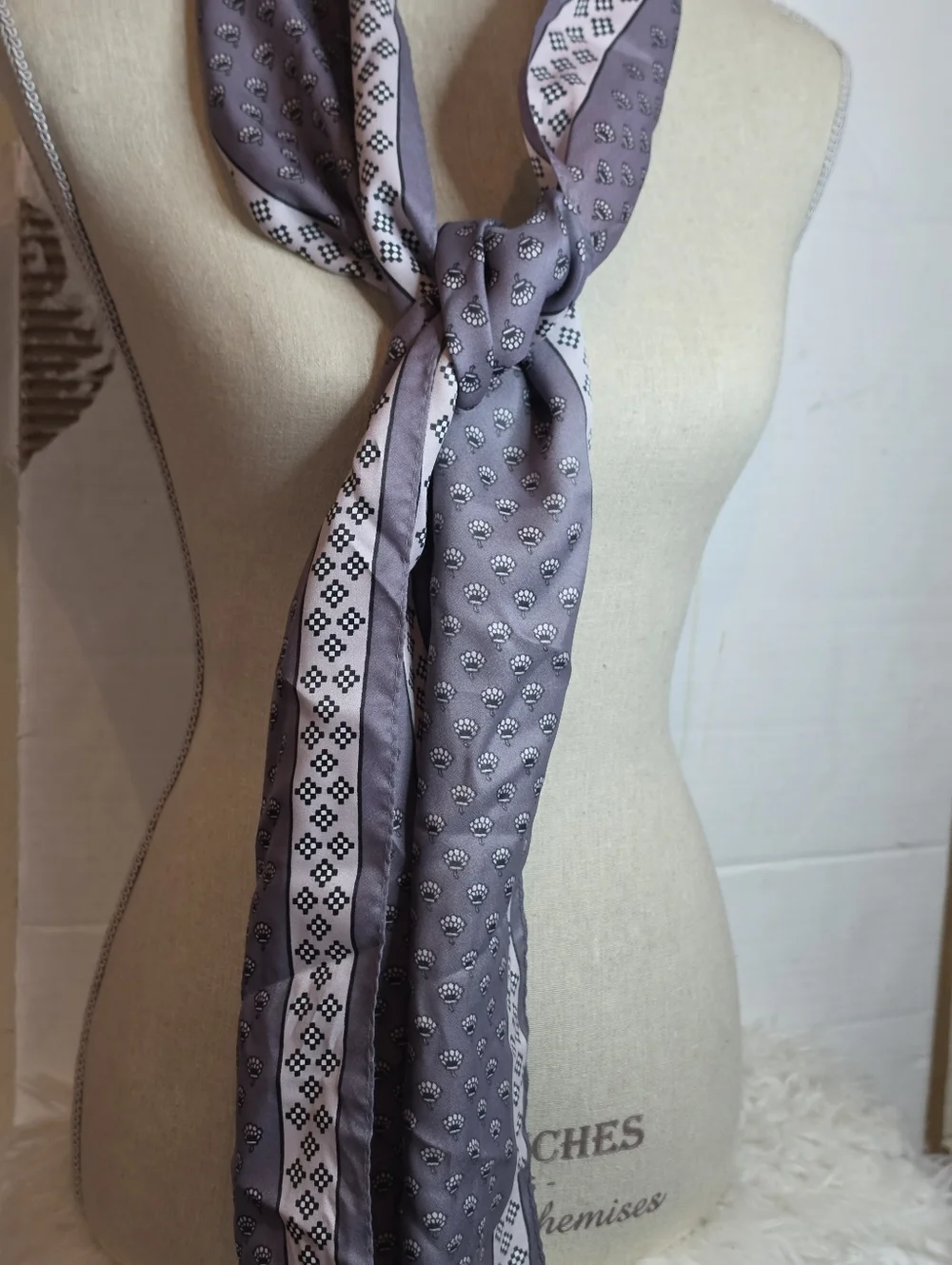 Vintage Japan Silky Geometric Print Scarf in Lavender and White